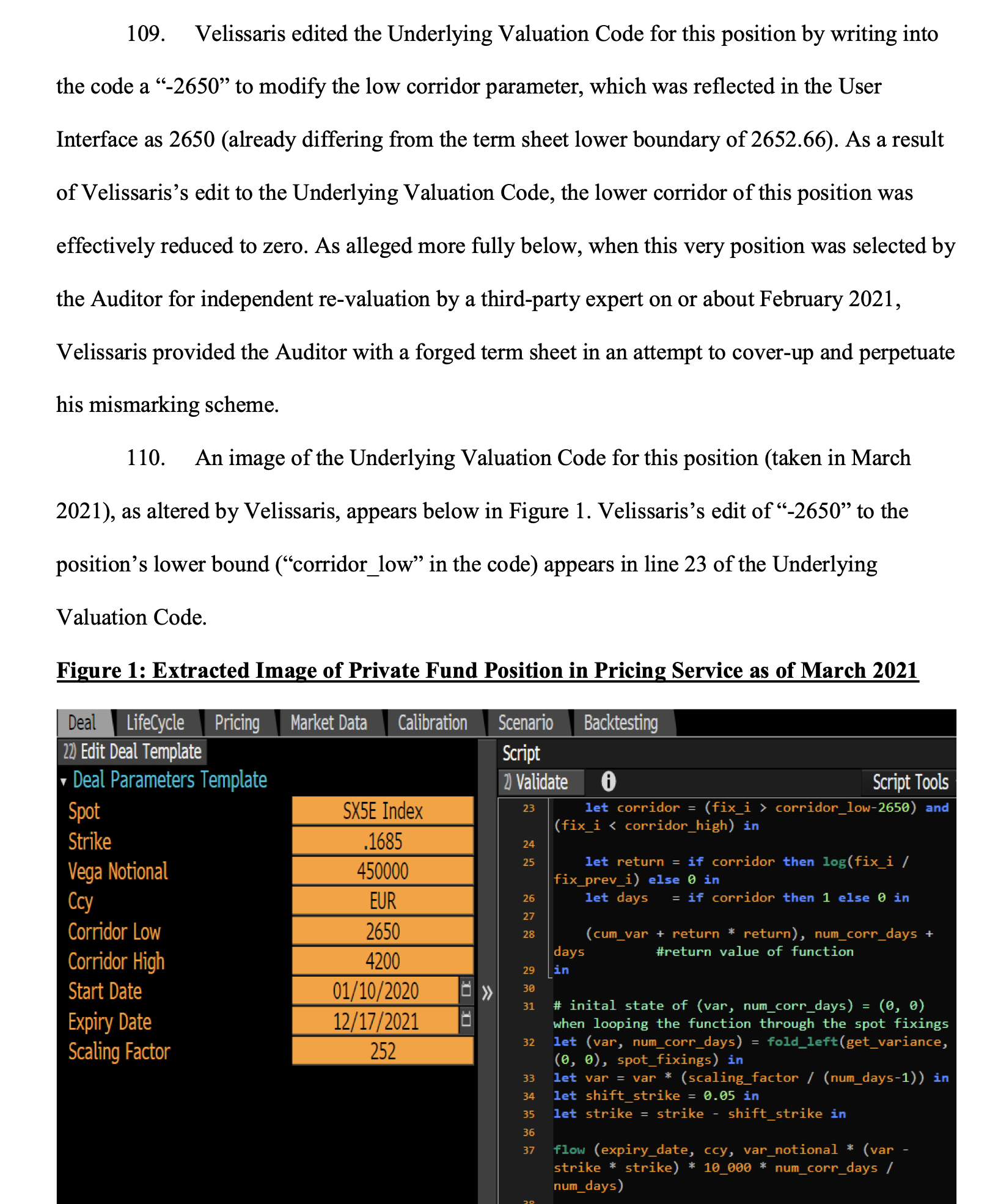 Excerpt from the SEC complaint against James Velissaris showing paragraphs 109 and 110 and Figure 1, a screenshot of the pricing service valuation code with the altered corridor_low parameter